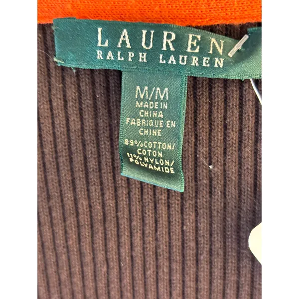 Lauren Ralph Lauren Brown Striped Ribbed V-Neck Cardigan Sweater Orange White M - Image 2
