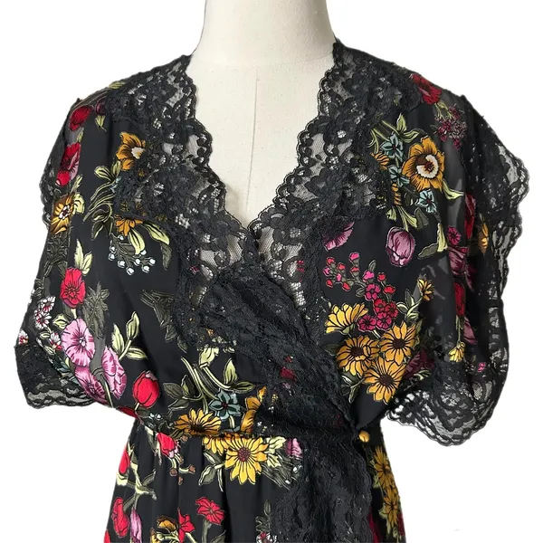 Alice + Olivia Adele Black Floral Silk Blend Lace Trim Midi Wrap Dress Size 2 - Image 3