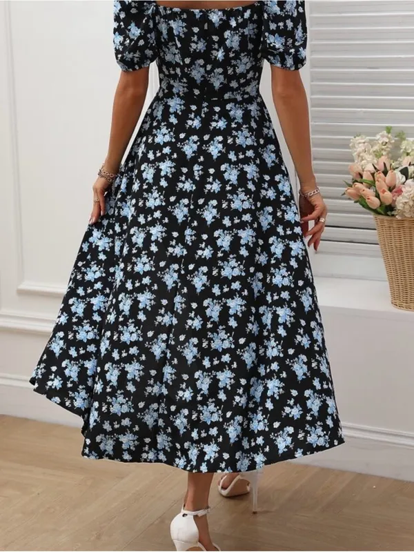 SHEIN‎ Black Midi Dress with Light Blue Floral Print - Image 2