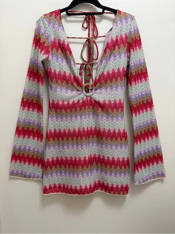 Show Me Your MuMu Monte Carlo Crochet Knit Romper Mini Dress in Riviera Zigzag M - Image 3