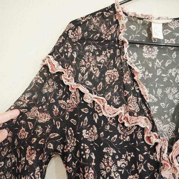 H&M‎ Black Floral Ruffle V-Neck Tiered Midi Dress Boho Cottagecore Fall - Image 5