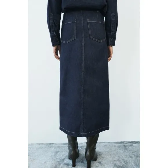 ZARA ZW Collection Denim Midi Skirt Contrast Suede Waistline Blue Pockets Small - Image 7