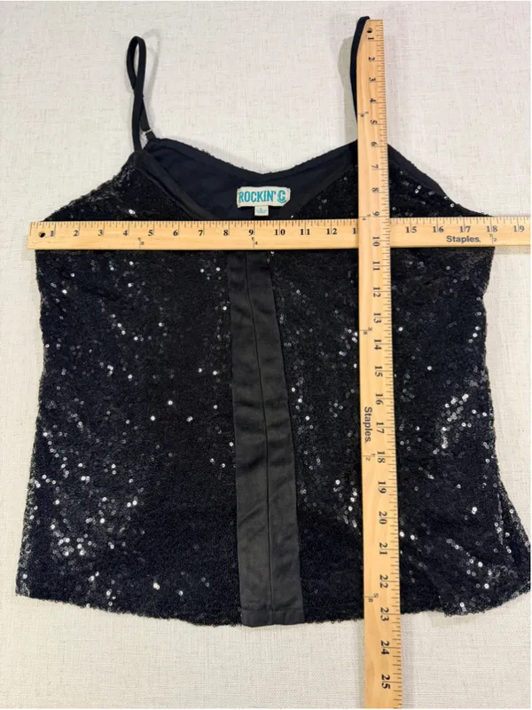 Rockin C Sequin V-Neck Cami Tank Top Satin Trim Black Large - Image 2