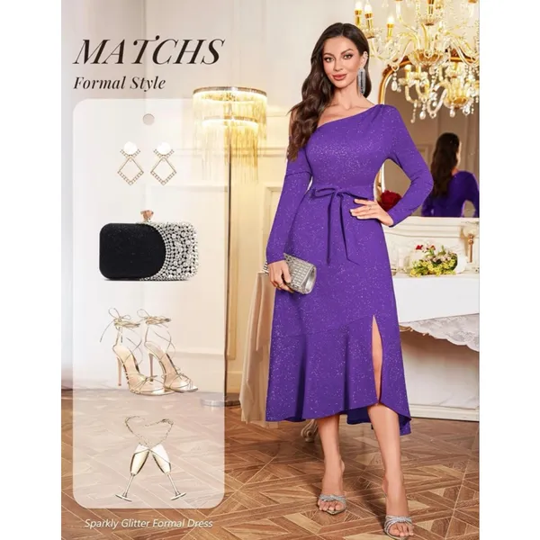NEW Formal Glitter Wedding Guest Cocktail Formal 1 Shoulder Long Sleeve Dress L - Image 7