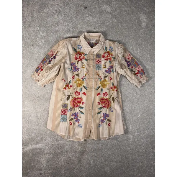 Johnny Was Petunia Smocked Lisbon Shirt Med Embroidered Floral Button Down‎ - Image 7