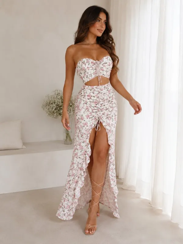 Floral Two-Piece Crop Top and Ruched Maxi Skirt Set NWT - Image 4