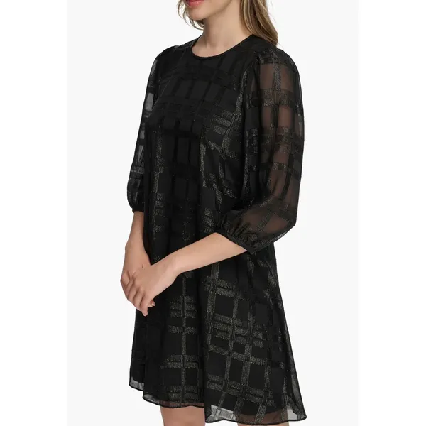 Calvin Klein Metallic Windowpane Trapeze Dress | Black | Size 16 | Sheer Sleeve - Image 2