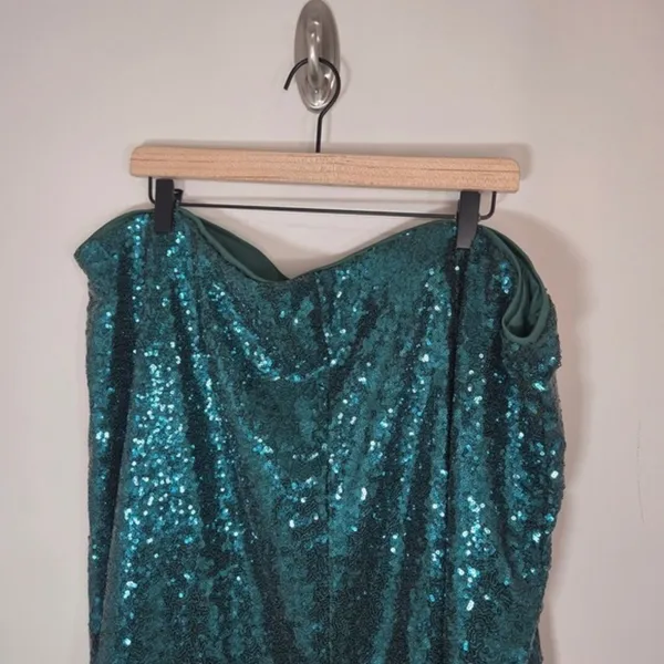 ELOQUII Sequin Midi Skirt 28 Emerald Teal Green Elastic Waist Side Slit Party - Image 4
