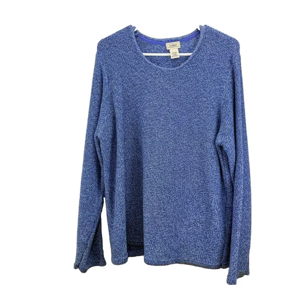Vintage LL Bean Blue Marled Chunky Knit Cotton Crew Neck Pullover Sweater XL - Image 3