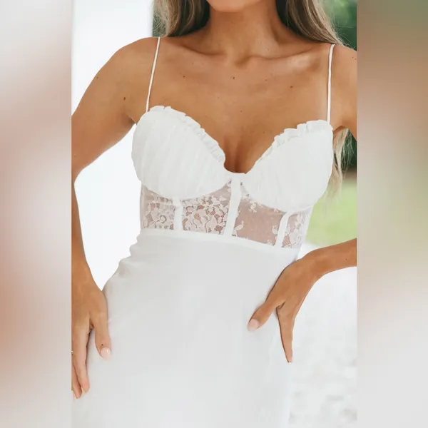 SELFIE LESLIE Trophy White Lace Bustier Midi Dress Corset Sheer Thigh Slit Large - Image 7