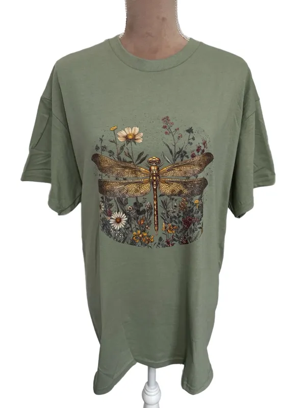 Gildan Botanical Dragonfly Graphic Oversized Tee Shirt Vintage Style Sage Womens Large - Image 4