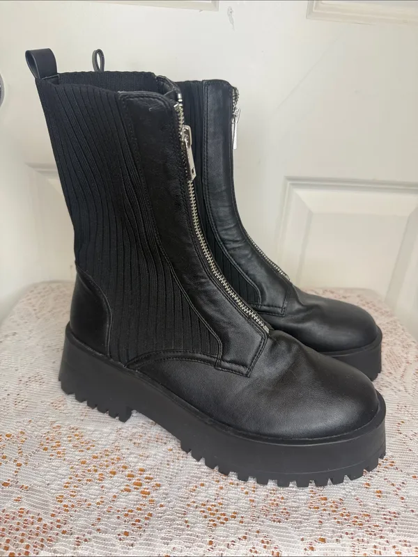 Azalea Wang Kennedy knit top faux leather zip up Platform Boots sz 7.5 - Image 2