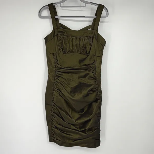 Jessica McClintock Olive Green Ruched Lattice Back Mini Dress‎ Size 10 Y2K - Image 2