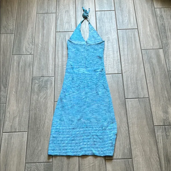 Blue Ruched Halter Cocktail Dress - Image 3