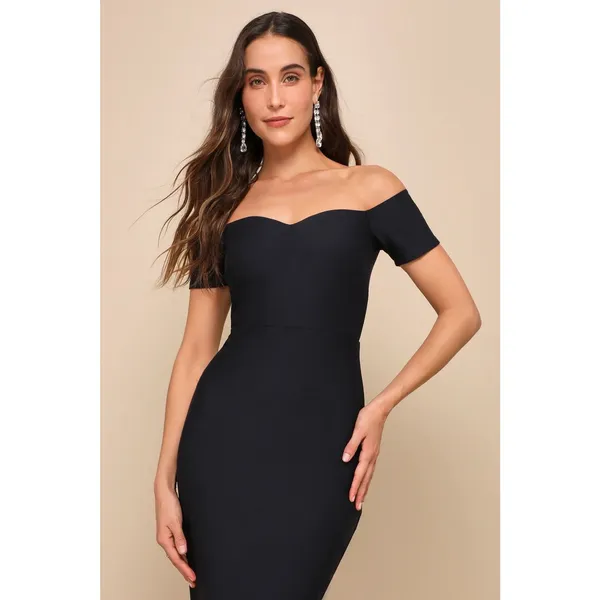 Lulus How Much I Care Black Off-the-Shoulder Midi Dress Prom Mermaid Party Small - Image 4