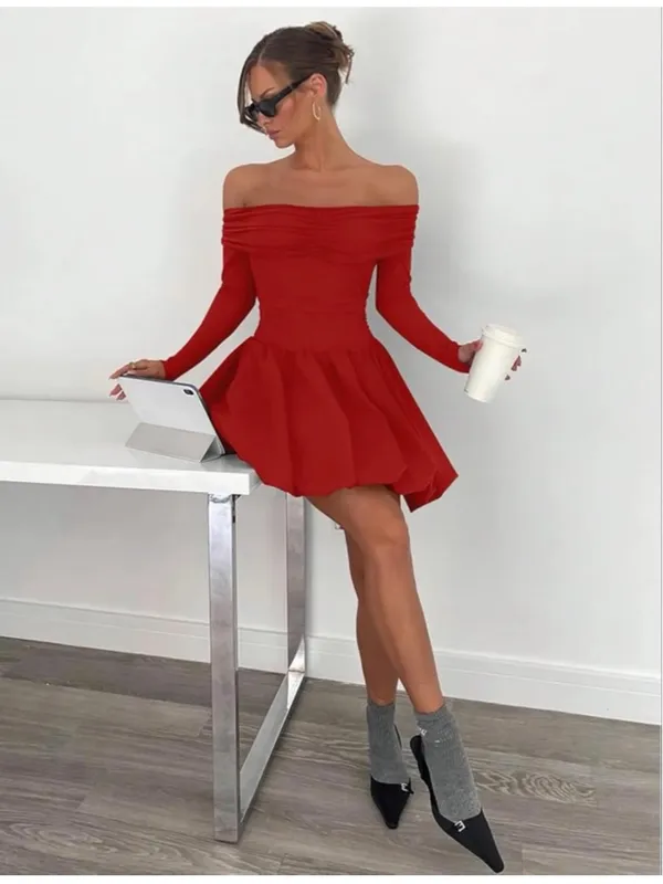 NEW Off Shoulder Mini Bubble Dress Long Sleeve Drop Waist S - Image 4