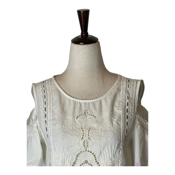 Zara White Cotton Lace‎ Cut Out Cold Shoulder Blouse Size XS - Image 5