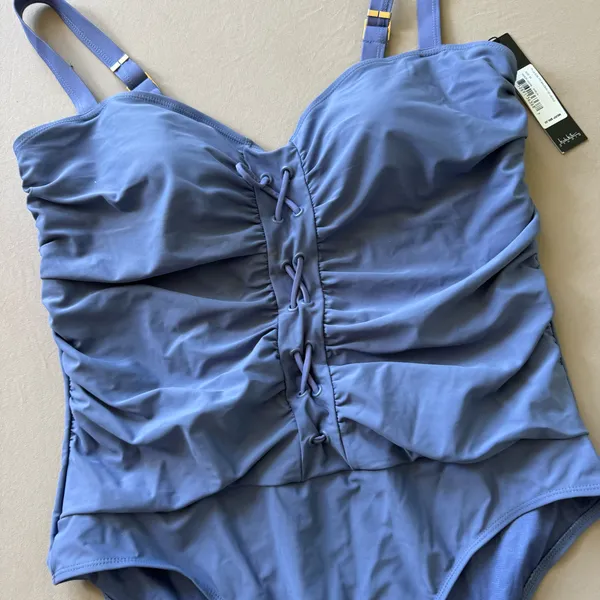 Nicole Miller Bandeau Ruched Lace Up One Piece Swimsuit - Image 3
