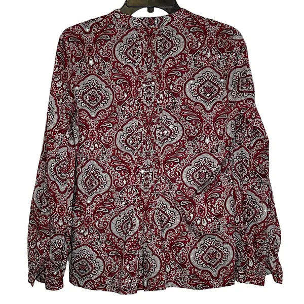 Talbots Blouse Size Small Burgundy White Floral With Sequin‎ 100% Cotton Womens - Image 6