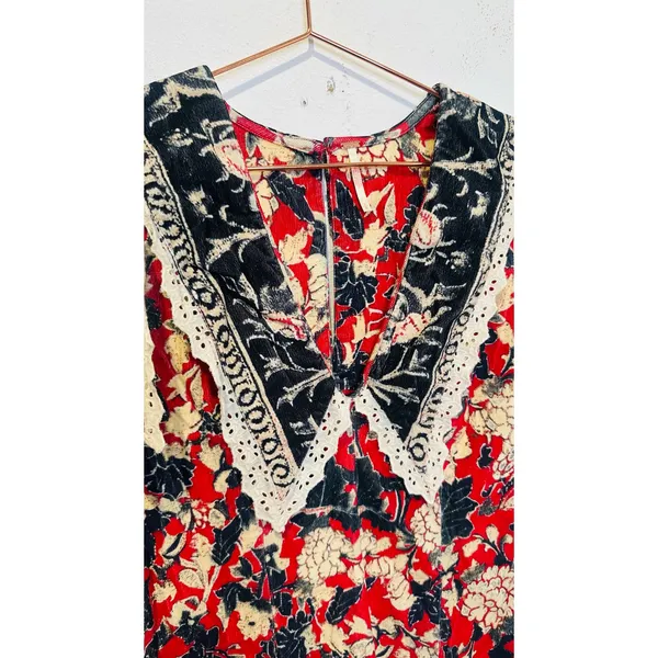 FREE PEOPLE Red White Bali Antoinette Corduroy Lace Mini Dress size Large - Image 4
