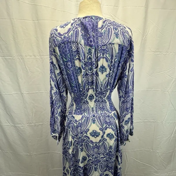 Z&L Boho Paisley Maxi Dress Small Smocked Waist Button Front Purple Green Resort - Image 10
