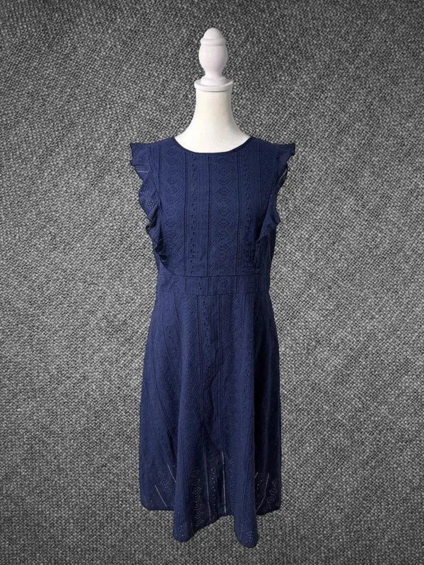 Navy Blue Eyelet Lace Fit And Flare Midi Dress - Image 2