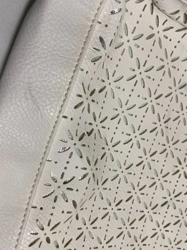 White Faux Leather Tote Bag Silver Floral Cutout Shoulder Purse Chain Handles - Image 11