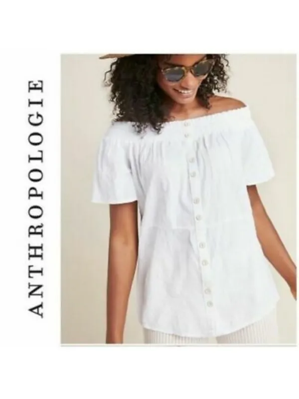 ANTHrOPOLOGIE Lucille White Off Shoulder Top medium - Image 4