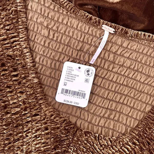 NWT!! FREE PEOPLE Farrier Velvet Mini Dress Smocked Solid Brown Bear Mini Medium - Image 12