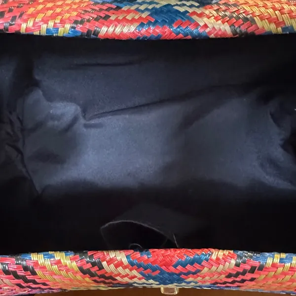 Le‎ Sac Woven Straw Top Handle Handbag Colorful Woven Design Black Accents Gold - Image 6