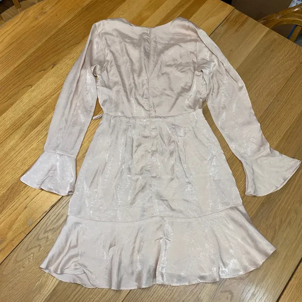 Altar'd State Womens Tan‎ Satin Ruffle Mini Dress Long Bell Sleeve XS 9963P-AS - Image 4