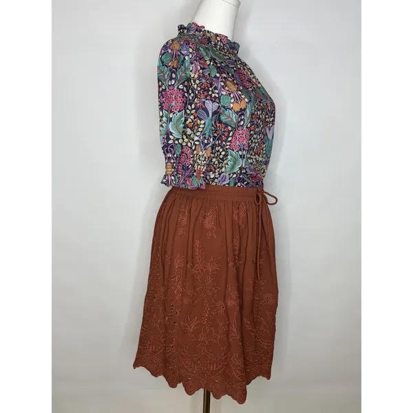 Lottie Rust Brown Eyelet Embroidered Scalloped Mini Skirt Boho Drawstring Waist‎ - Image 3