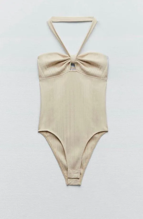 ZARA BODYSUITS | RIBBED HALTER BODYSUIT Sand - Image 5