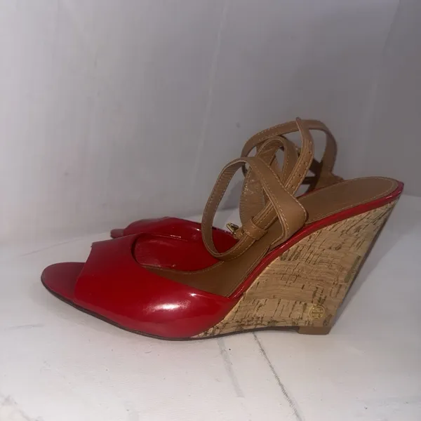 Tory Burch Red Patent Leather Cork Wedge Ankle Strap Peep Toe Sandals size 7.5 M - Image 2