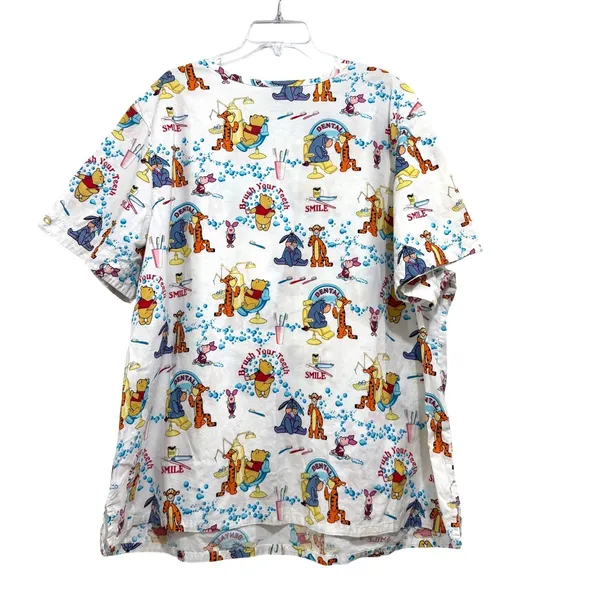 Disney Winnie the Pooh Dental Scrub Top 4XL White Cotton V-Neck D7137Z - Image 2