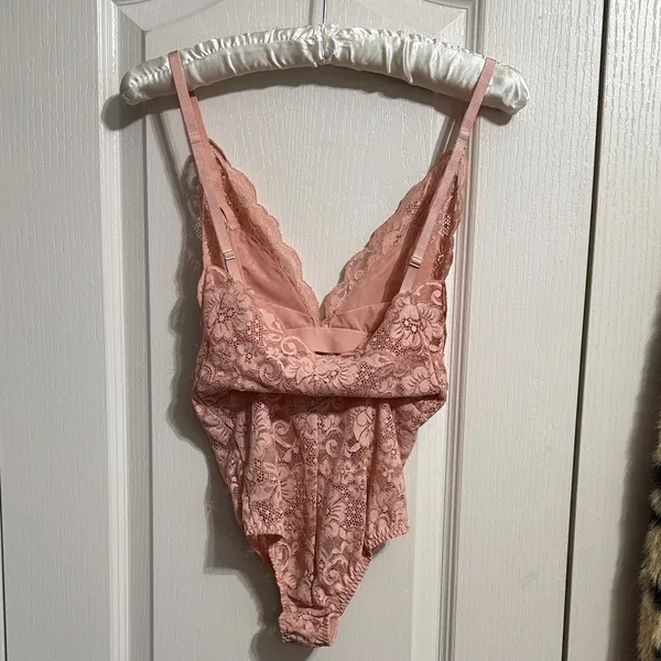 We are HAH Free People Pink Sheer Scalloped Lace Plunge Bodysuit Coquette Ballet - Image 4