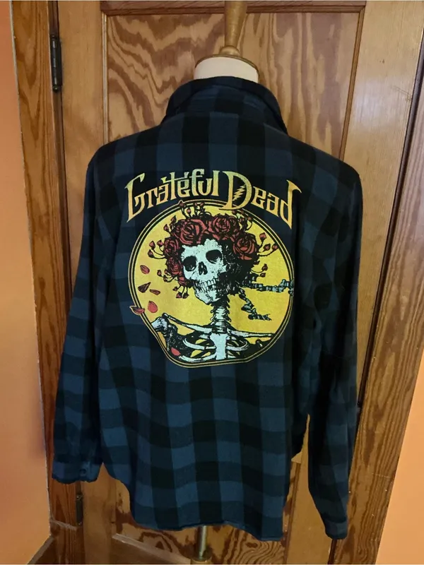 Grateful Dead Bertha Roses Skull Plaid Flannel Shirt Jacket Large - Image 8