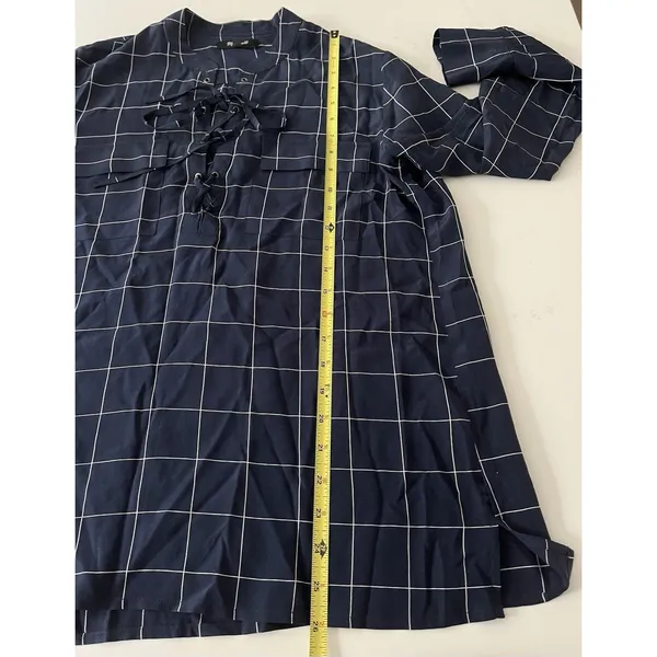 Madewell Silk Lace-up Shirt Blouse Windowpane Plaid Navy White Size Small - Image 8