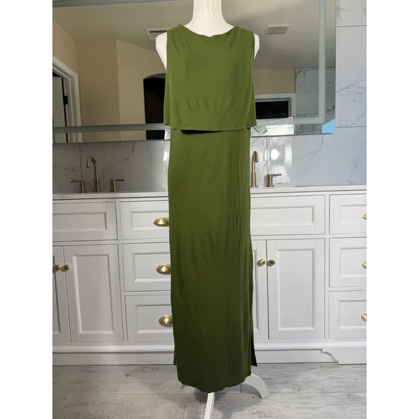 Next Maternity Maxi Dress Womens 12 Olive Green Nursing Layered Sleeveless - Image 3