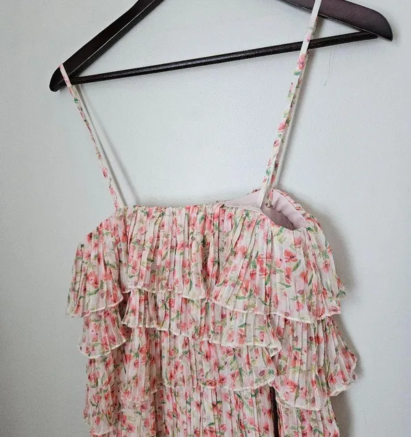 Something Navy Dress Floral Pleated Tiered Cream Multi Maxi Midi Garden Party - Image 8