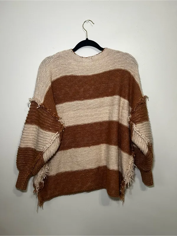 Striped Henley Pullover Sweater in Brown and Cream - Image 3