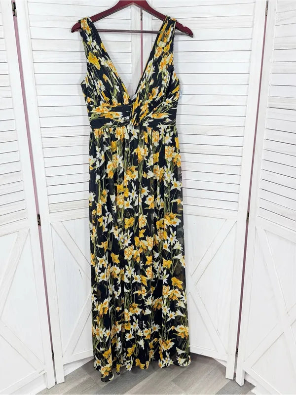 Aidan Mattox Floral Pleat V Neck Front Slit Formal Maxi Dress Black Yellow 8 - Image 9