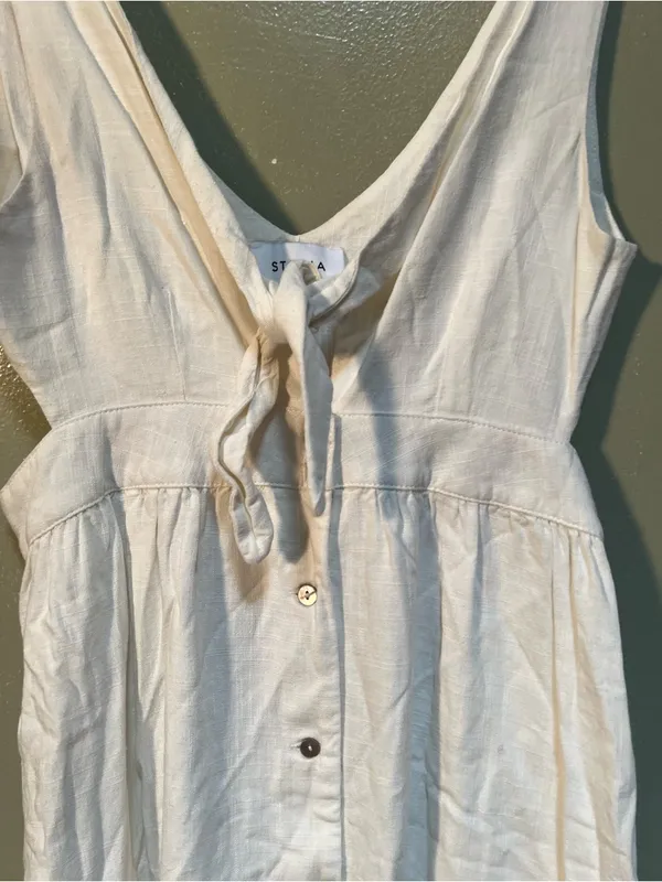 Storia Women's Size Medium Sleeveless Midi Dress White V-Neck Cutout Button Fron - Image 4
