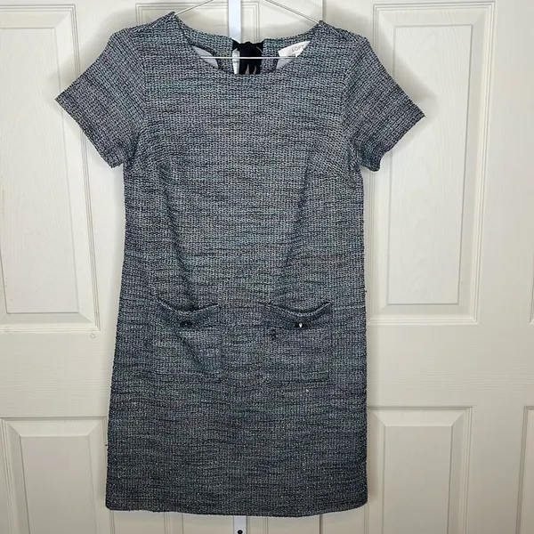 LOFT Blue Multi Tweed Sheath Dress Short Sleeve Pockets Size 0 - Image 4