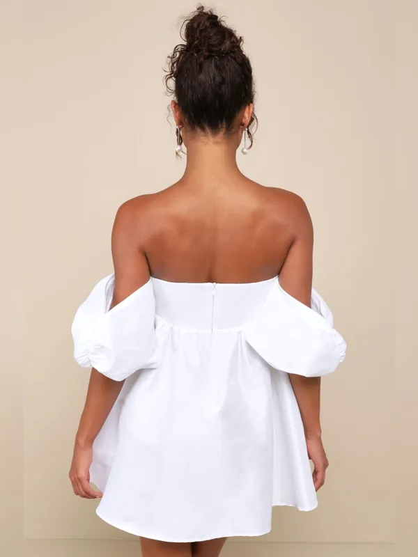 Lulus Sweet Vision White Taffeta Off-the-Shoulder Babydoll Mini Dress Medium - Image 2
