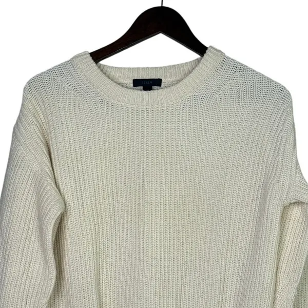 J. Crew Wool Blend Cable Knit Relaxed Fit Long Sleeve Crew Neck Sweater XS Cream - Image 2