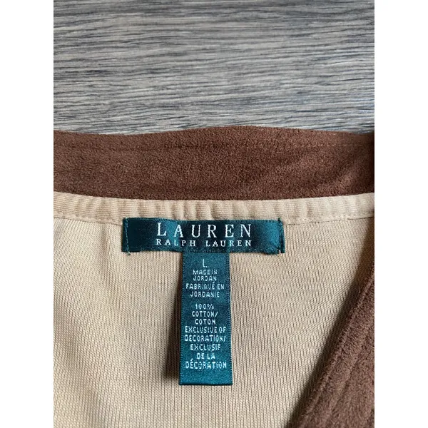 EUC Womens Lauren Ralph Lauren 100% cotton suede trim vneck‎ top size L - Image 3