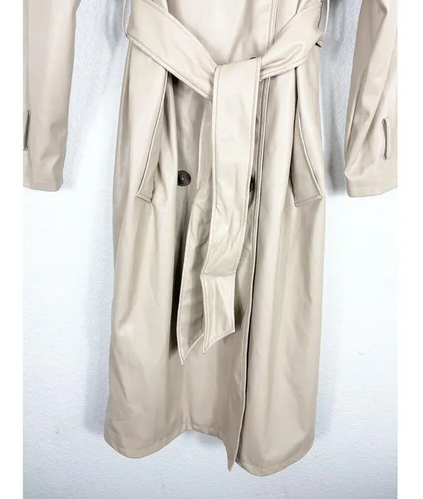 ASOS DESIGN Tan Faux Leather Trench Coat Size 12 Long Preppy Chic Minimalist - Image 11