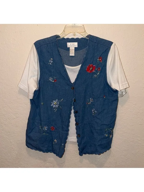 Vintage embroidered floral denim vest with attached shirt cottagecore grandma - Image 2