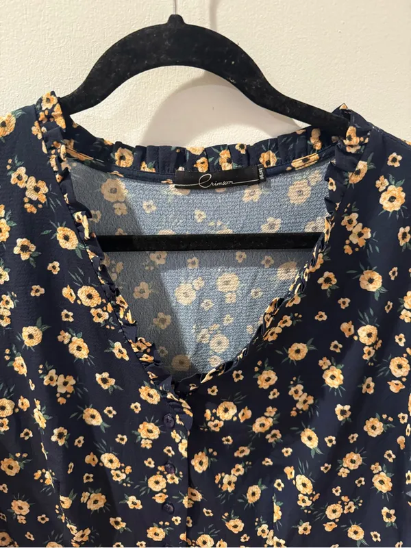 Crimson Floral Midi Dress Womens L Navy Blue Yellow Floral Ruffle Sleeve Boho - Image 3